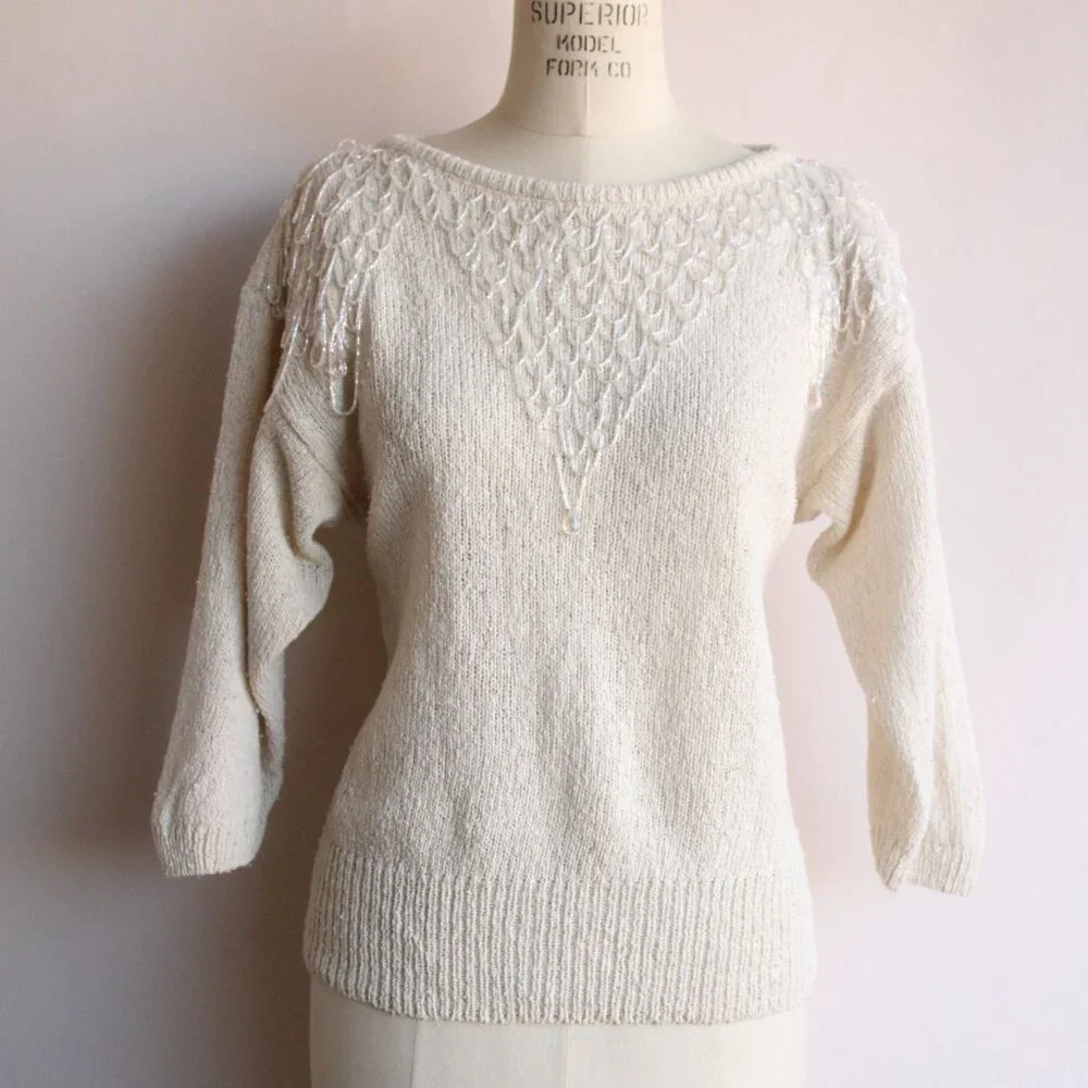 Vintage 1980s Sweater, Bonnie Boerer Ivory Pullover with Fringed Beading, - Picture 2 of 10
